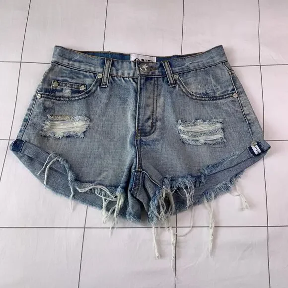 One Teaspoon Shorts Womens 25 Blue Bandits High Rise Distressed Raw Hem Ripped - Picture 1 of 10